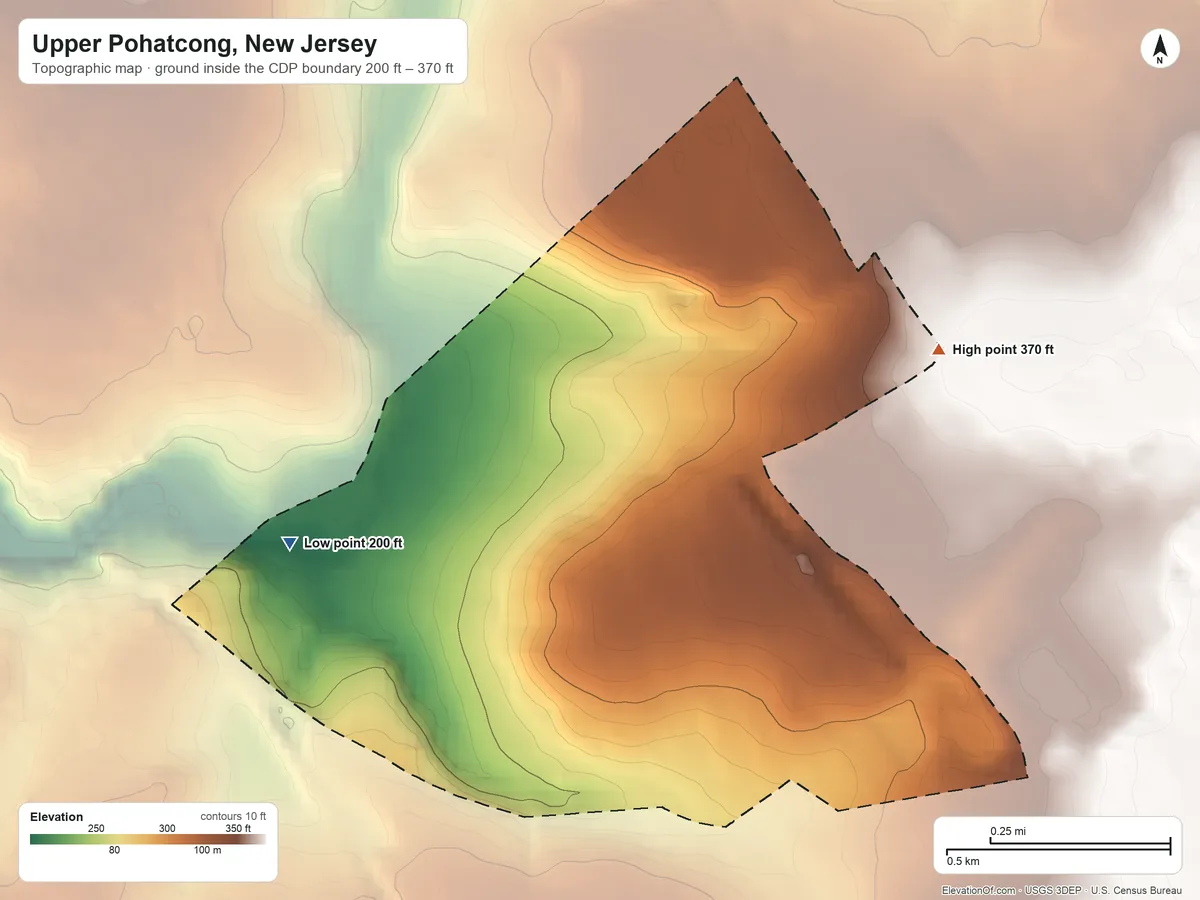 Topographic elevation map of Upper Pohatcong, New Jersey, shaded from 200 ft on the west side to 370 ft on the northeast side