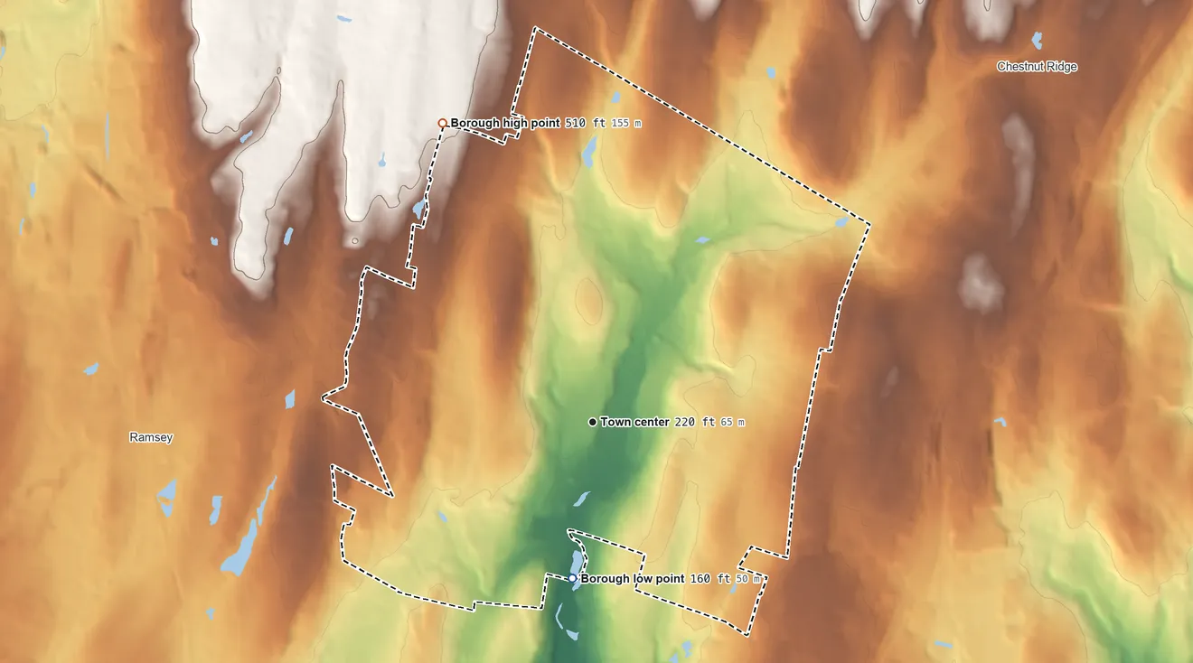 Topographic elevation map of Upper Saddle River, New Jersey, shaded from 160 ft on the south side to 510 ft on the northwest side