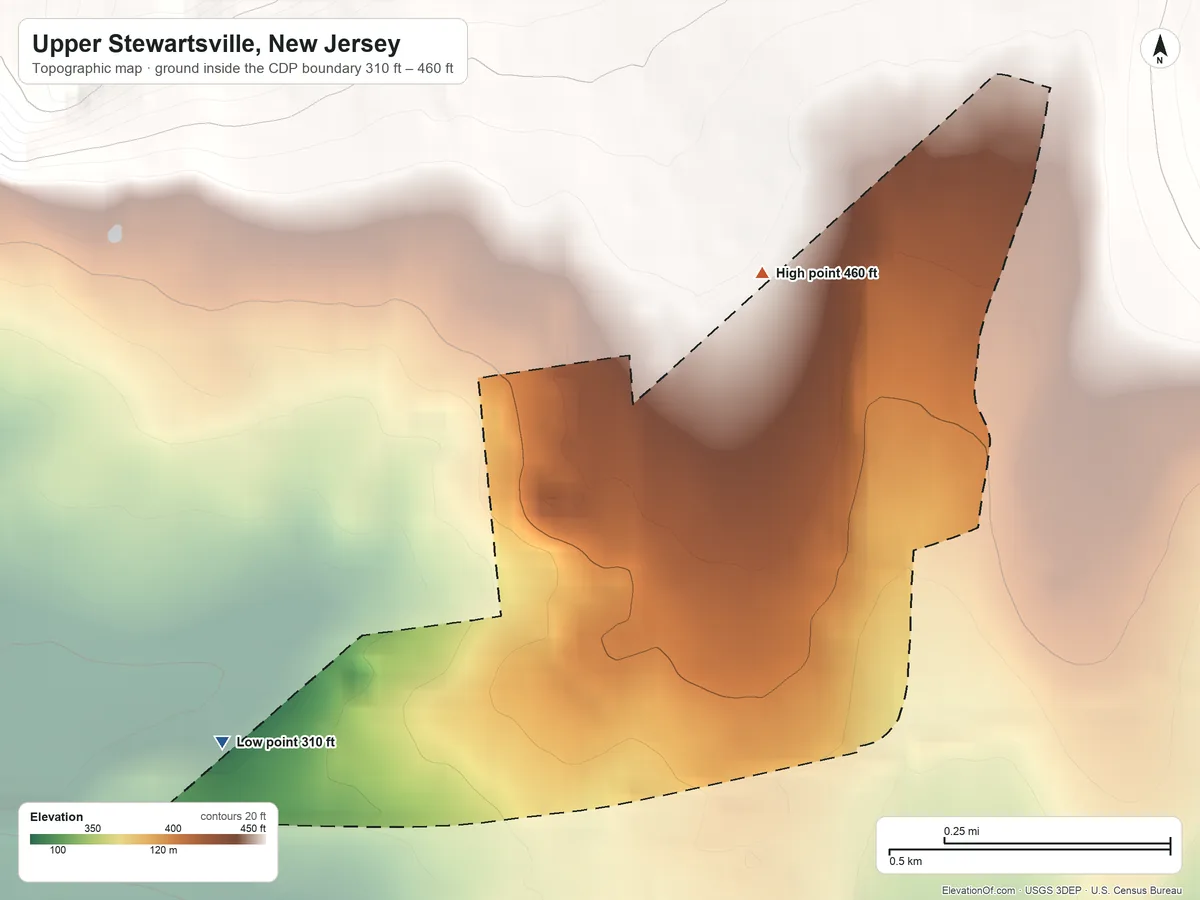 Topographic elevation map of Upper Stewartsville, New Jersey, shaded from 310 ft on the west side to 460 ft on the north edge, below higher ground just outside