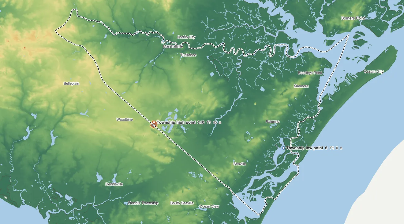 Topographic elevation map of Upper Township, New Jersey, shaded from sea level level on Corson Sound to 140 ft on the west side