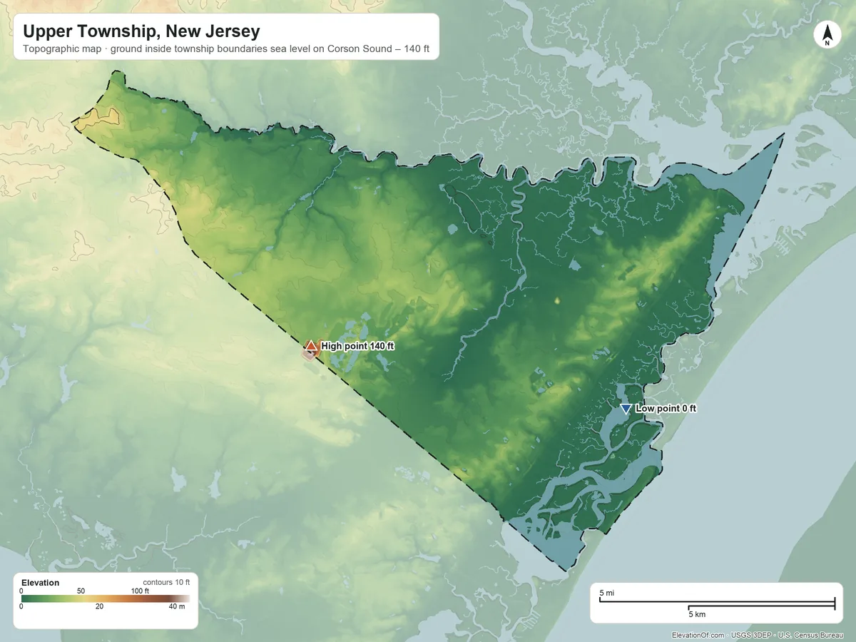 Topographic elevation map of Upper Township, New Jersey, shaded from sea level level on Corson Sound to 140 ft on the west side