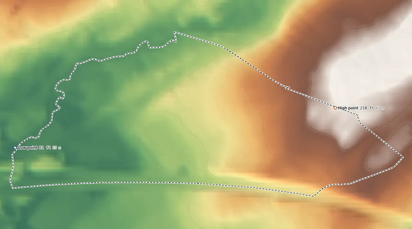 Topographic elevation map of Vauxhall, New Jersey, shaded from 81 ft on the west side to 210 ft on the east edge, below higher ground just outside