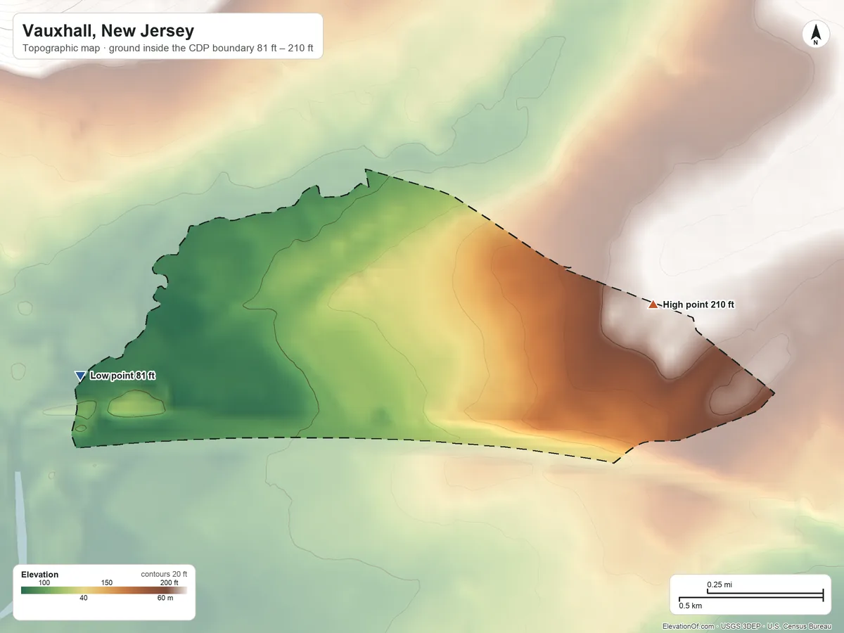 Topographic elevation map of Vauxhall, New Jersey, shaded from 81 ft on the west side to 210 ft on the east edge, below higher ground just outside