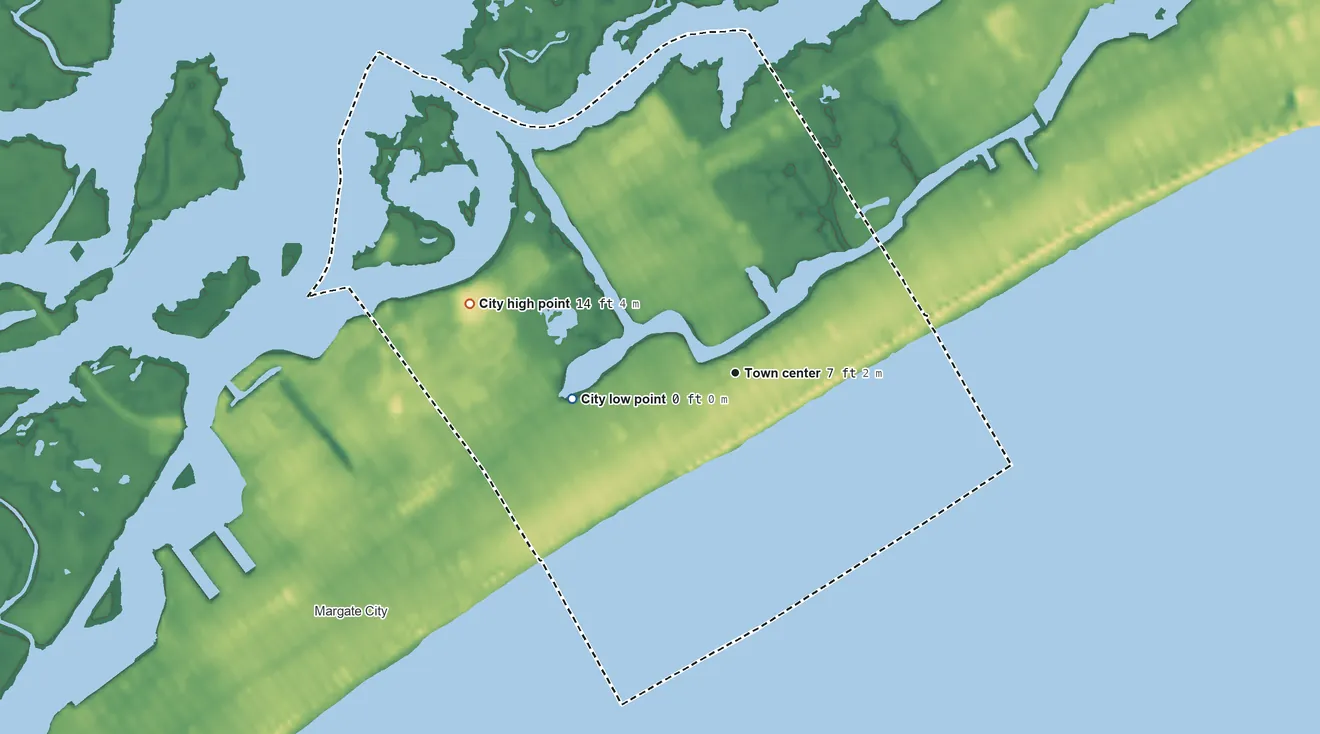 Topographic elevation map of Ventnor City, New Jersey, shaded from sea level level on the Atlantic Ocean to 14 ft on the west side