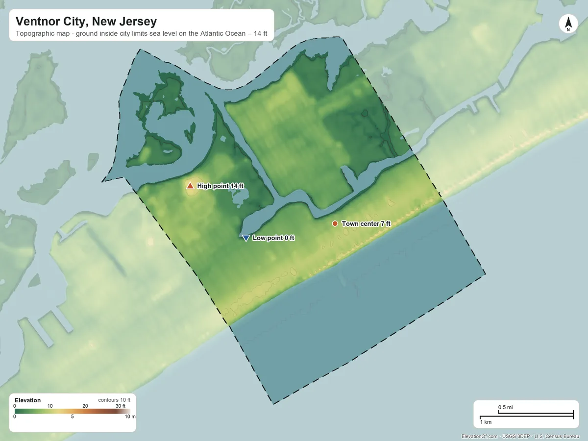 Topographic elevation map of Ventnor City, New Jersey, shaded from sea level level on the Atlantic Ocean to 14 ft on the west side