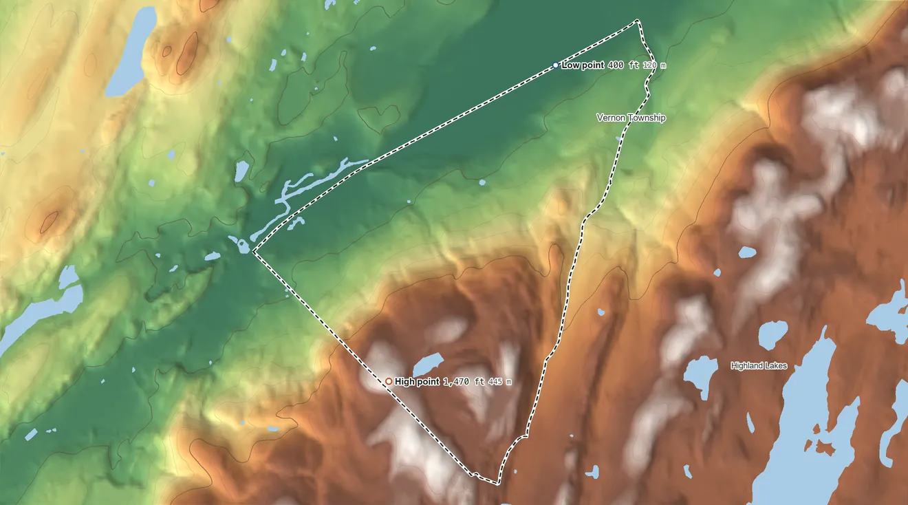 Topographic elevation map of Vernon Center, New Jersey, shaded from 400 ft on the northeast side to 1,470 ft on the south side