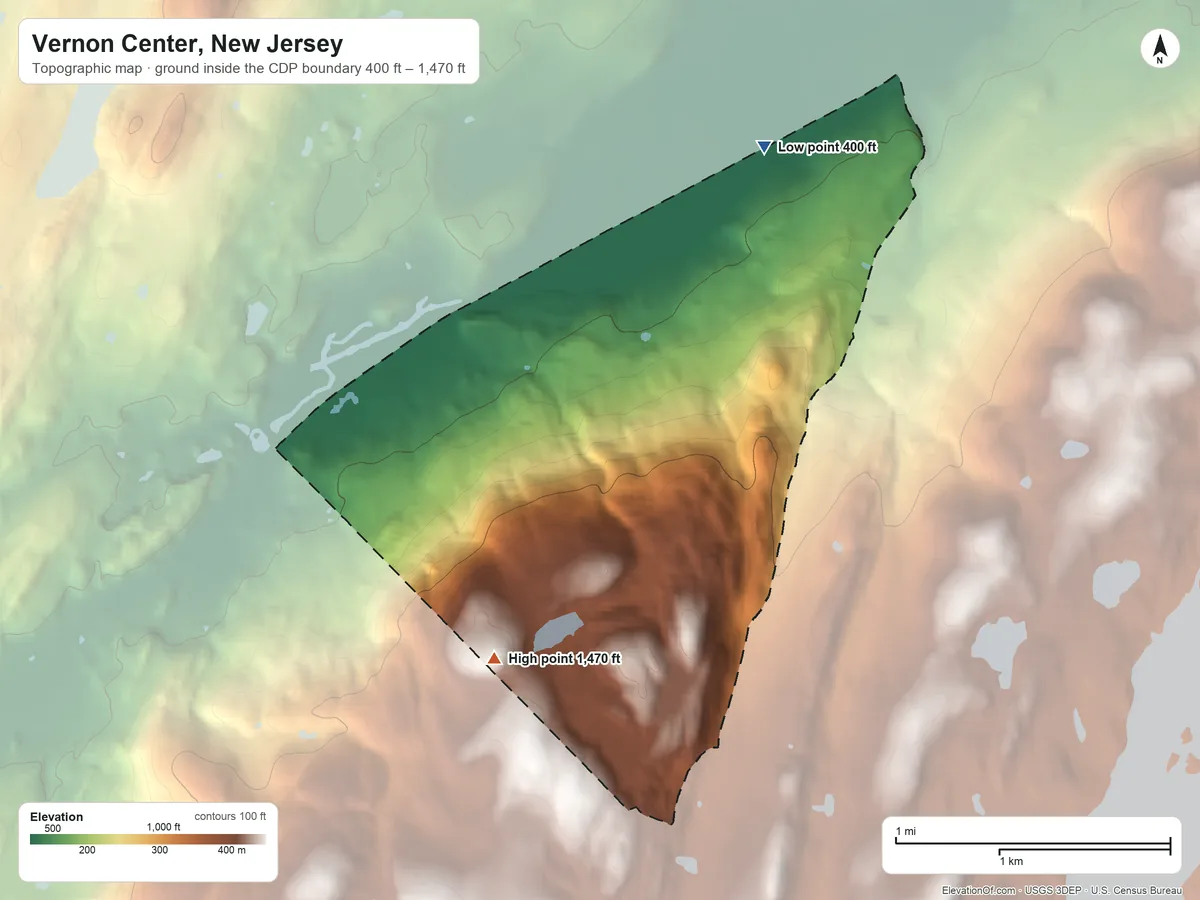 Topographic elevation map of Vernon Center, New Jersey, shaded from 400 ft on the northeast side to 1,470 ft on the south side