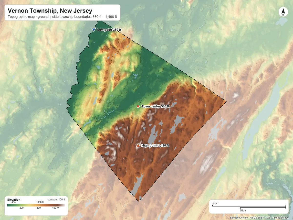 Topographic elevation map of Vernon Township, New Jersey, shaded from 380 ft on the northwest side to 1,490 ft on the south side