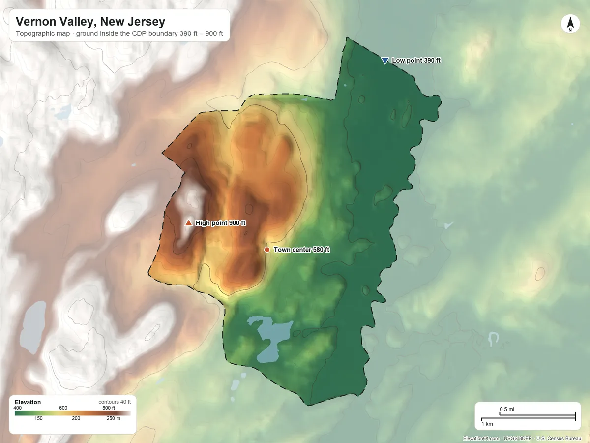 Topographic elevation map of Vernon Valley, New Jersey, shaded from 390 ft on the northeast side to 900 ft on the west side