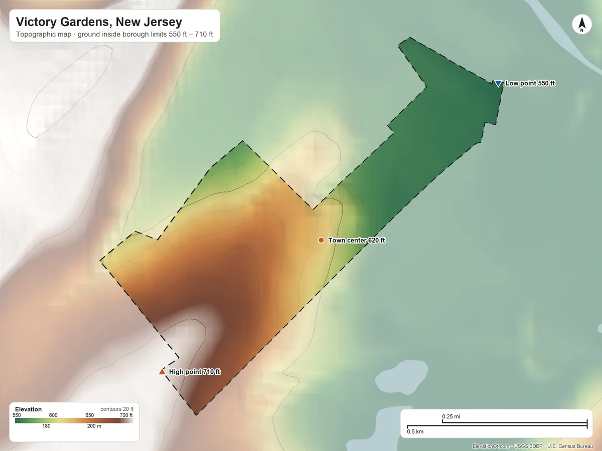 Topographic elevation map of Victory Gardens, New Jersey, shaded from 550 ft on the northeast side to 710 ft at the foot of the Sparta Mountains