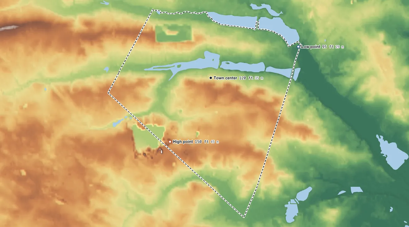 Topographic elevation map of Victory Lakes, New Jersey, shaded from 95 ft on the east side to 150 ft on the southwest side
