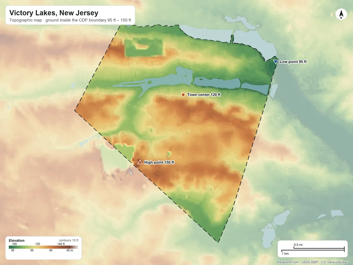 Topographic elevation map of Victory Lakes, New Jersey, shaded from 95 ft on the east side to 150 ft on the southwest side