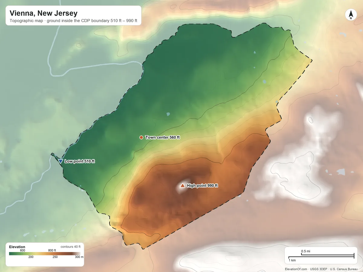 Topographic elevation map of Vienna, New Jersey, shaded from 510 ft on the west side to 990 ft on the southeast side