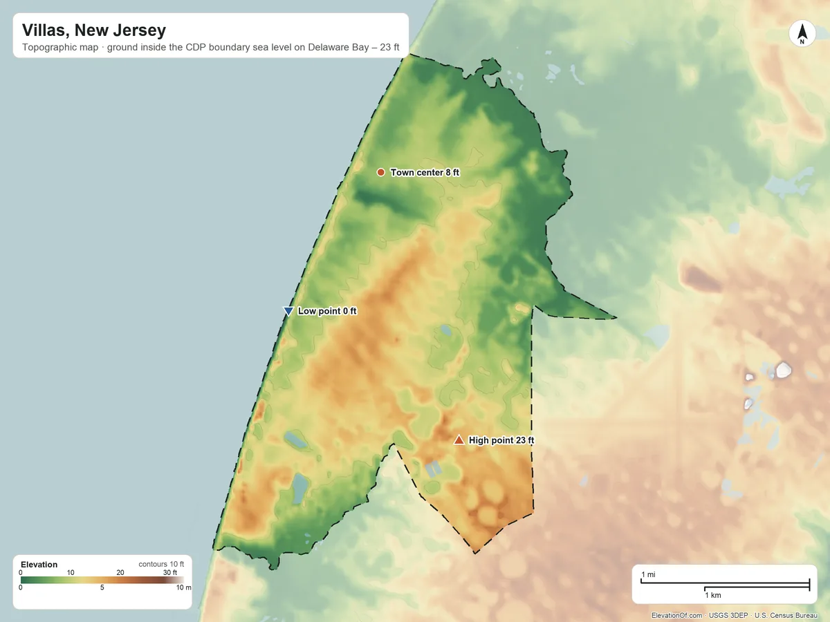 Topographic elevation map of Villas, New Jersey, shaded from sea level level on Delaware Bay to 23 ft on the south side