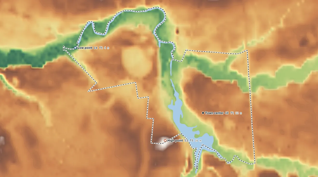 Topographic elevation map of Vincentown, New Jersey, shaded from 14 ft on the northwest side to 53 ft on the southwest side