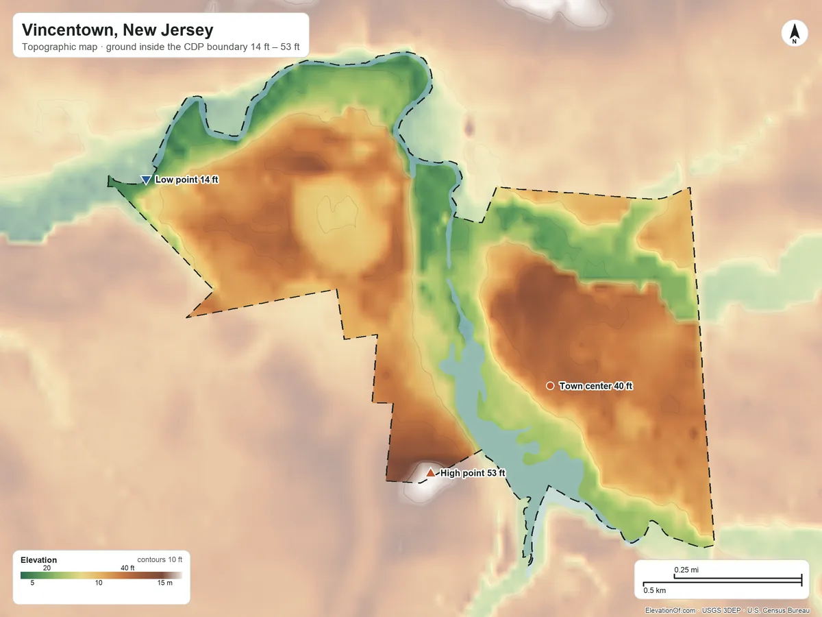 Topographic elevation map of Vincentown, New Jersey, shaded from 14 ft on the northwest side to 53 ft on the southwest side
