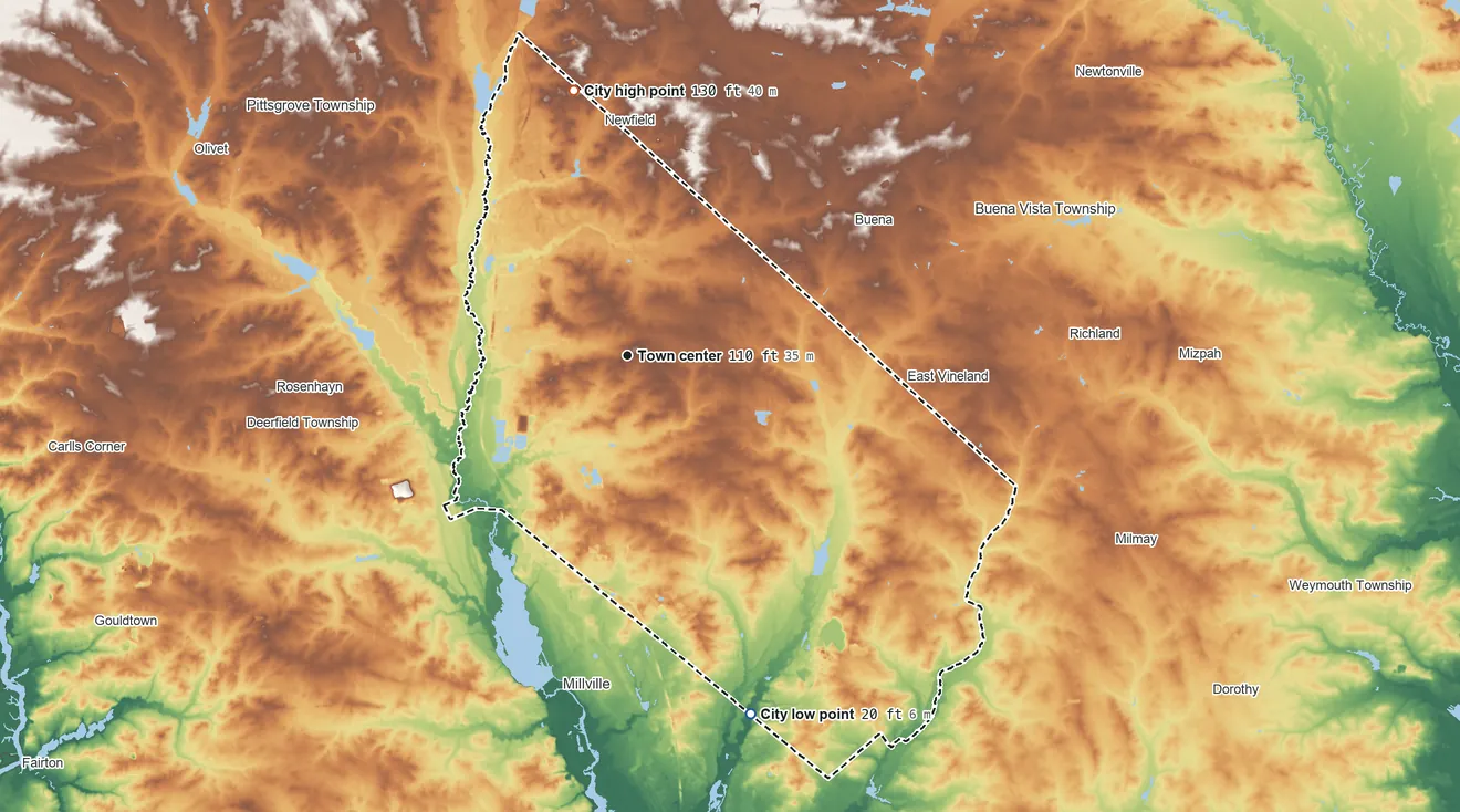 Topographic elevation map of Vineland, New Jersey, shaded from 20 ft on the south side to 130 ft on the north side