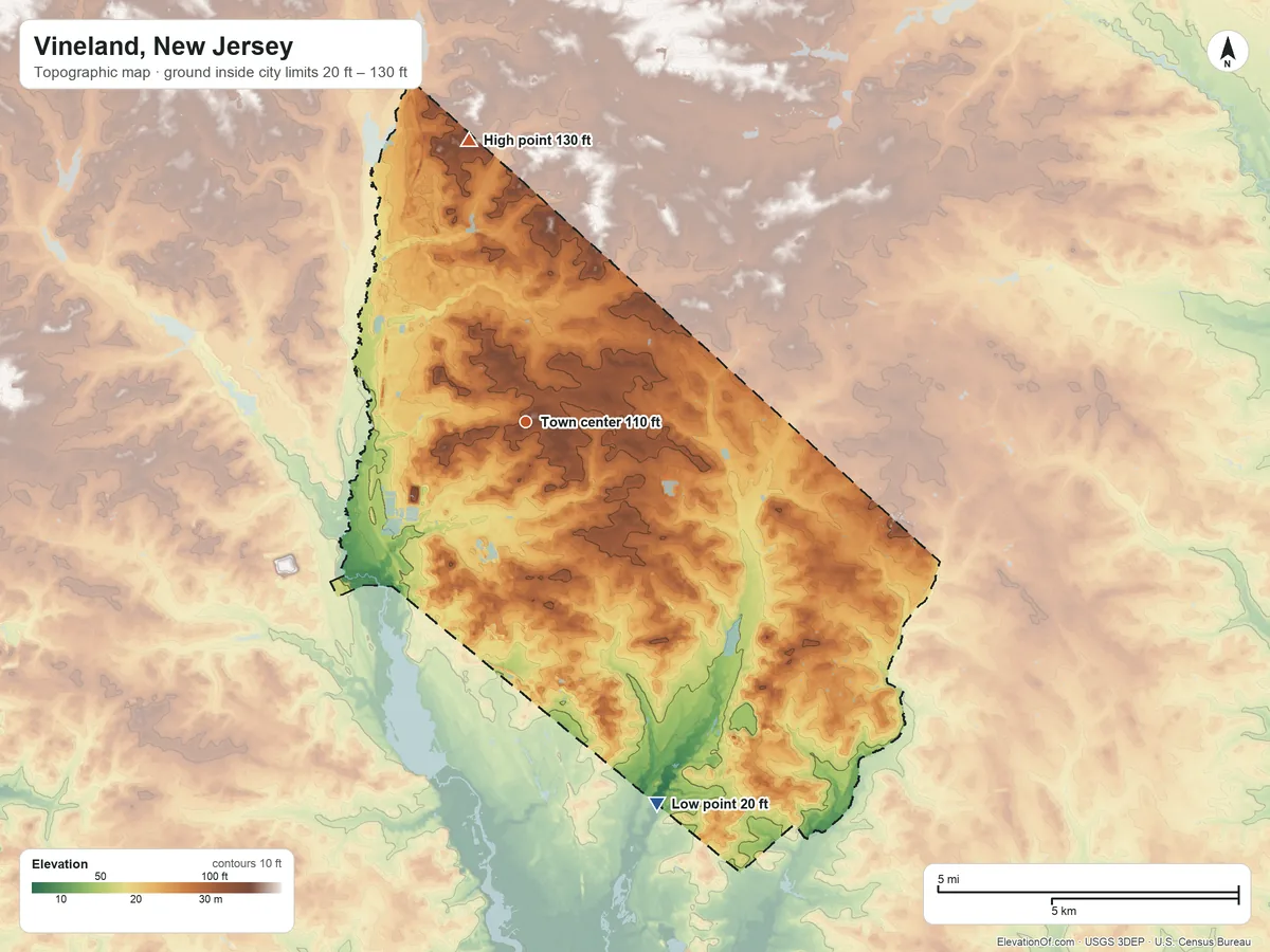 Topographic elevation map of Vineland, New Jersey, shaded from 20 ft on the south side to 130 ft on the north side