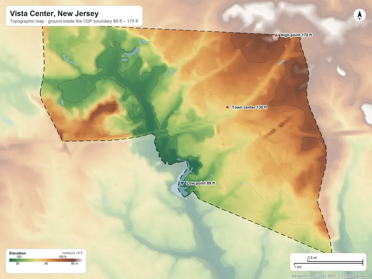Topographic elevation map of Vista Center, New Jersey, shaded from 89 ft on the southwest side to 170 ft on the northeast side