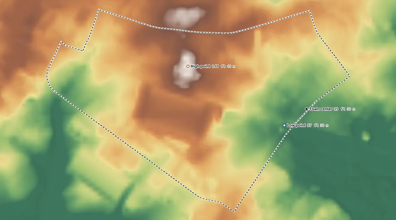 Topographic elevation map of Voorhees, New Jersey, shaded from 97 ft near the middle to 140 ft on the west side