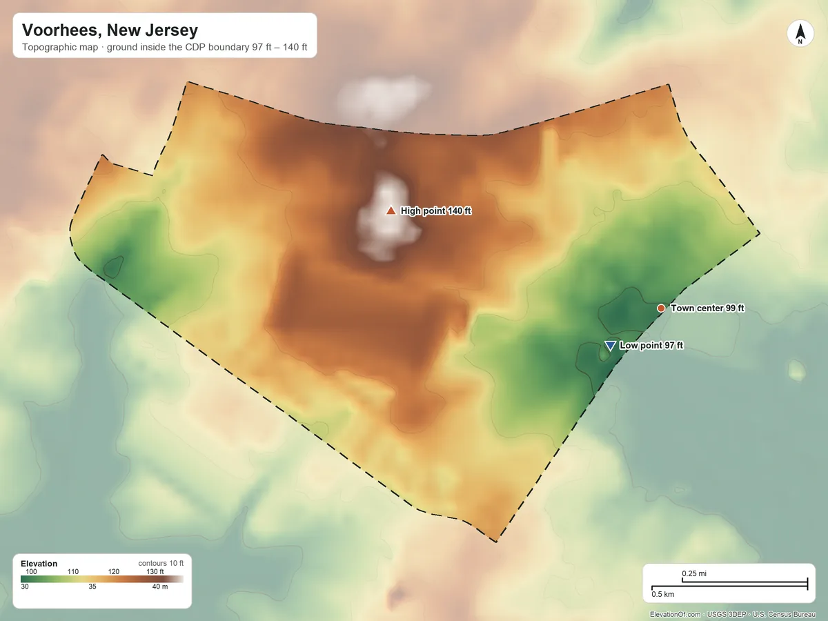 Topographic elevation map of Voorhees, New Jersey, shaded from 97 ft near the middle to 140 ft on the west side