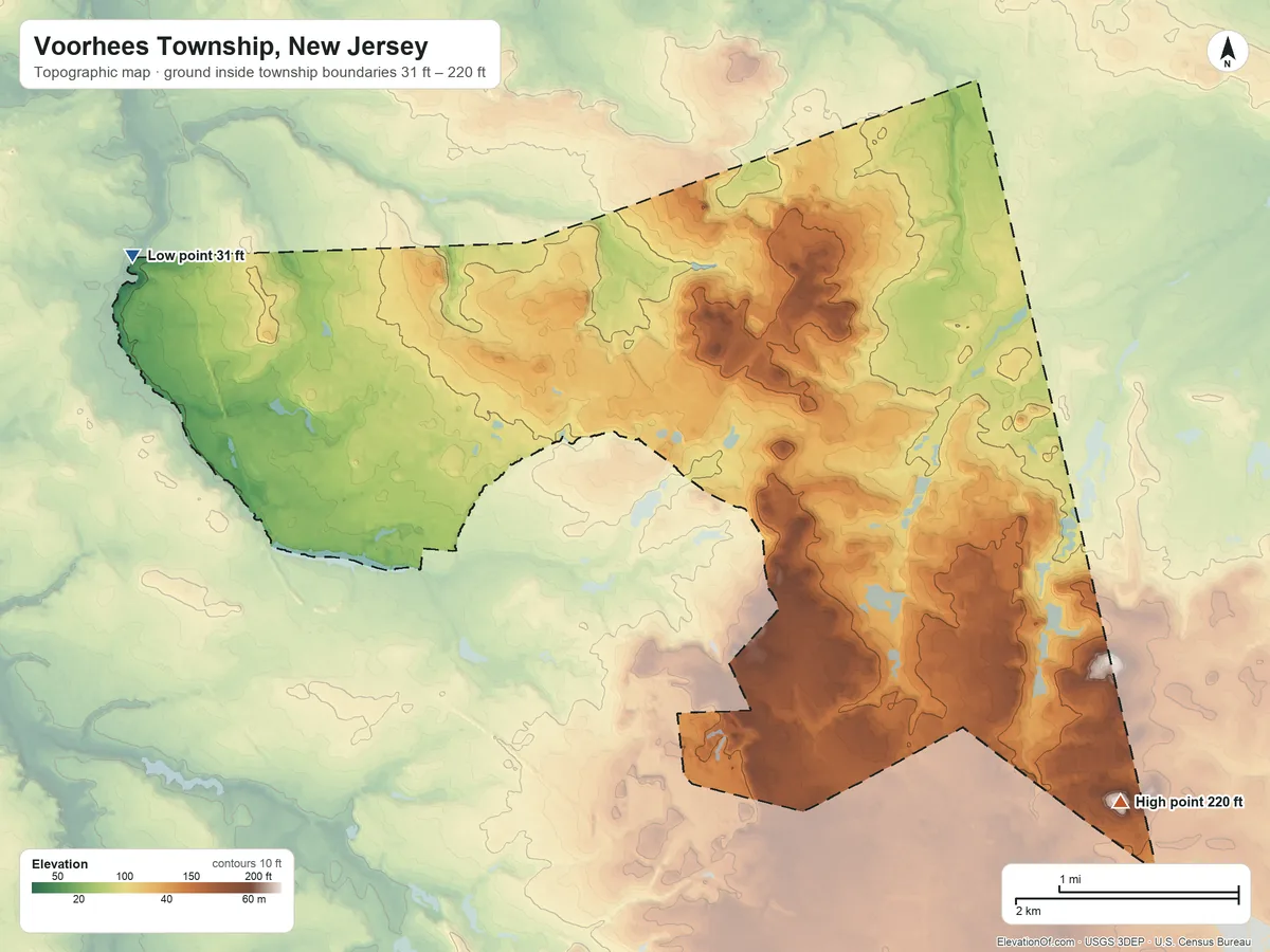 Topographic elevation map of Voorhees Township, New Jersey, shaded from 31 ft on the west side to 220 ft on the southeast side