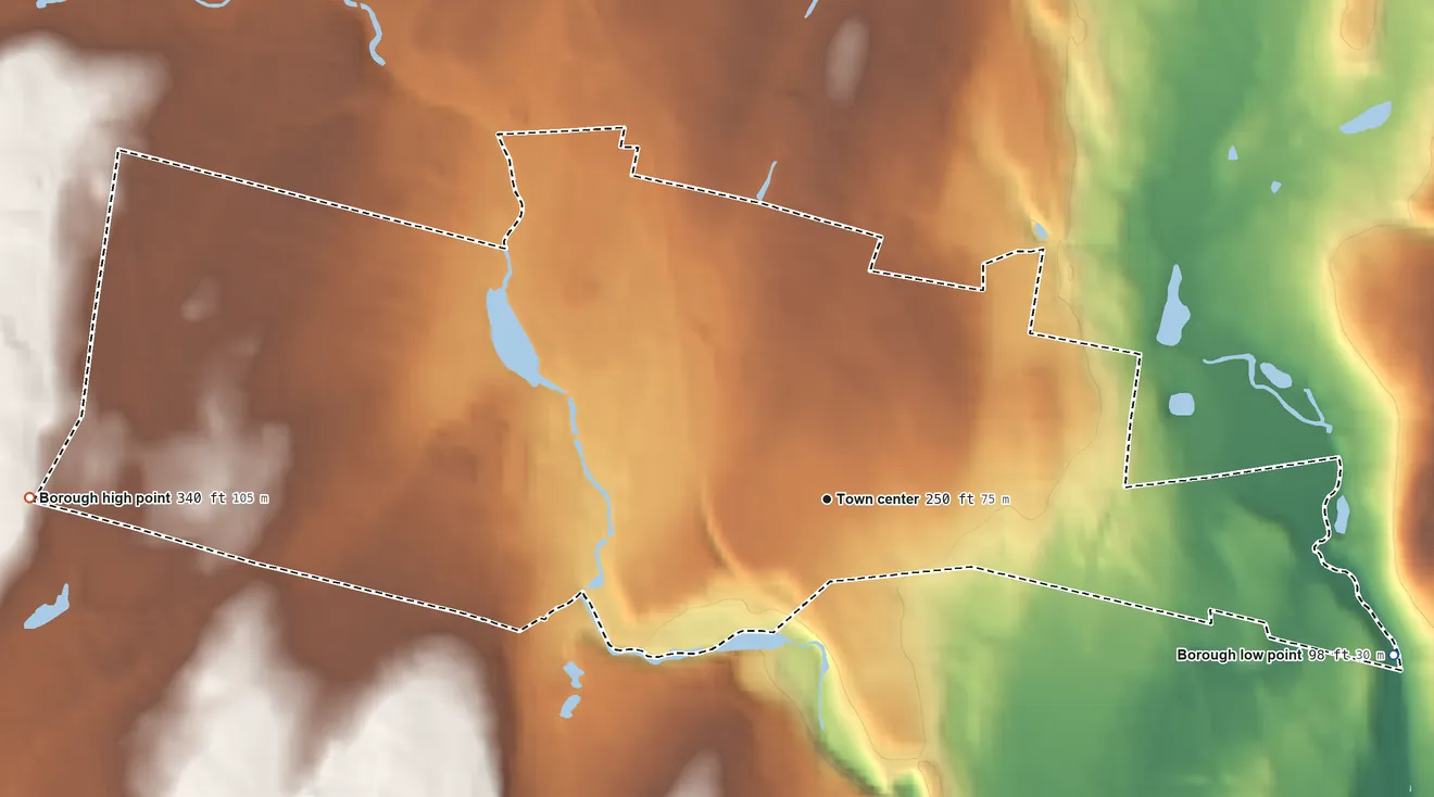 Topographic elevation map of Waldwick, New Jersey, shaded from 98 ft on the east side to 340 ft on the west side