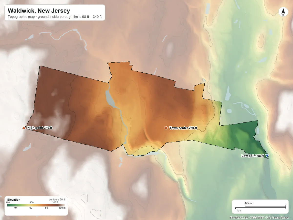 Topographic elevation map of Waldwick, New Jersey, shaded from 98 ft on the east side to 340 ft on the west side