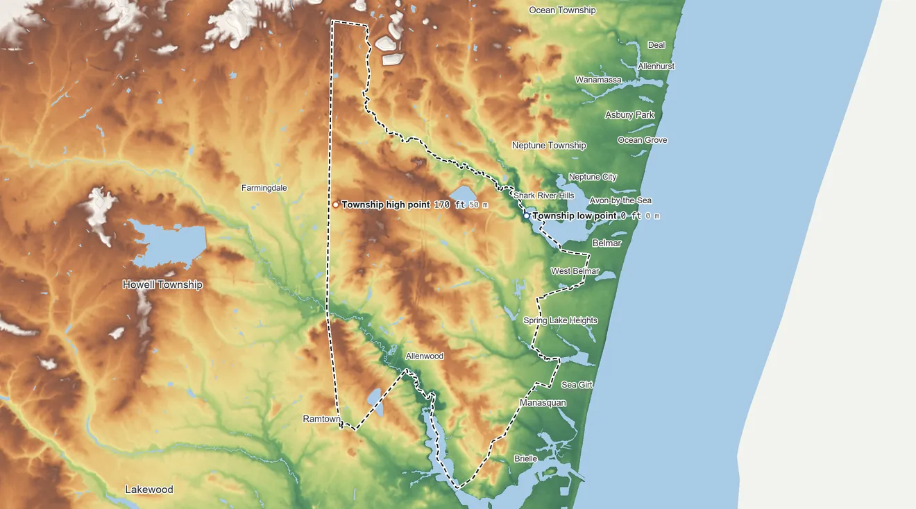 Topographic elevation map of Wall Township, New Jersey, shaded from 0 ft on the north side to 170 ft on the northwest side
