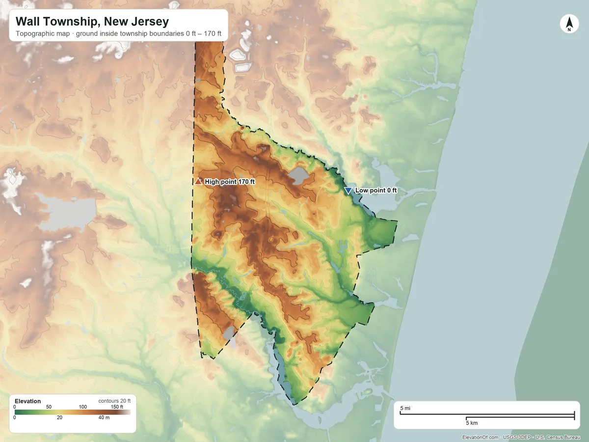 Topographic elevation map of Wall Township, New Jersey, shaded from 0 ft on the north side to 170 ft on the northwest side