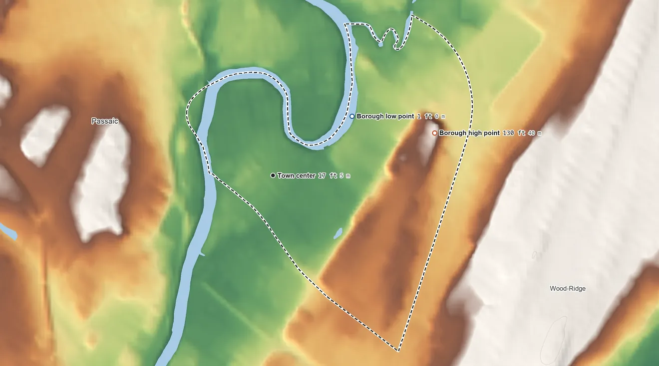 Topographic elevation map of Wallington, New Jersey, shaded from 1 ft on the northeast side to 130 ft on the east side