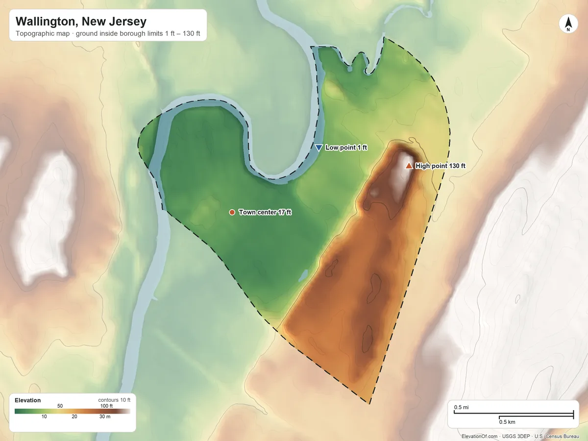 Topographic elevation map of Wallington, New Jersey, shaded from 1 ft on the northeast side to 130 ft on the east side
