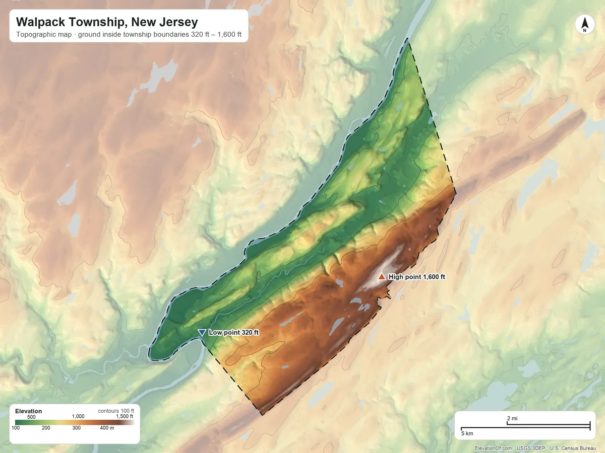 Topographic elevation map of Walpack Township, New Jersey, shaded from 320 ft on the southwest side to 1,600 ft on the south side