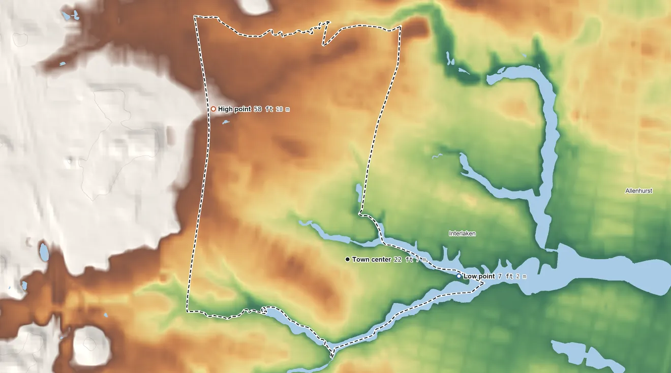 Topographic elevation map of Wanamassa, New Jersey, shaded from 7 ft on the east side to 58 ft on the northwest side