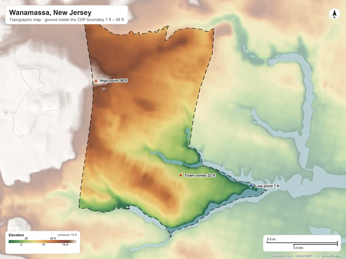 Topographic elevation map of Wanamassa, New Jersey, shaded from 7 ft on the east side to 58 ft on the northwest side