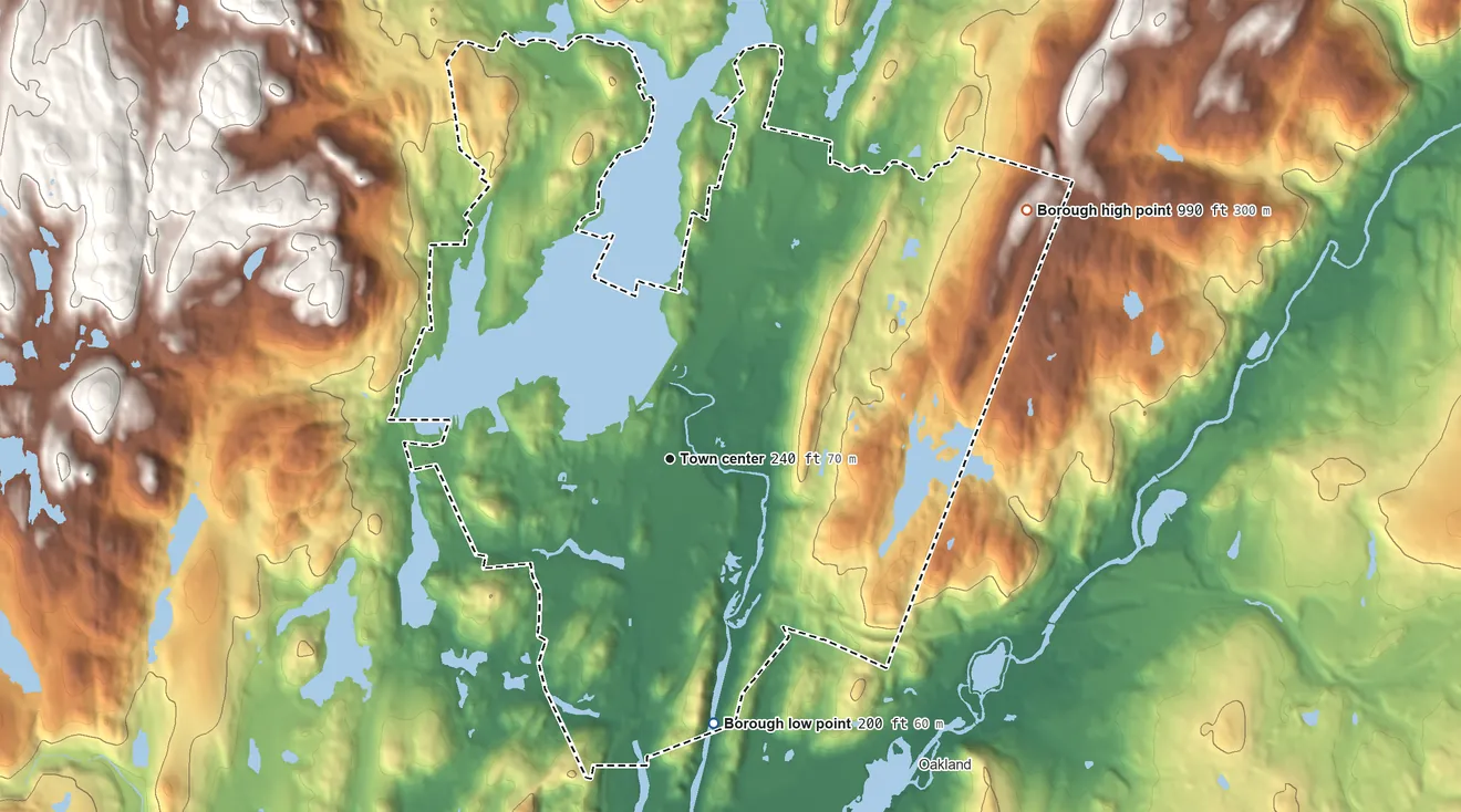 Topographic elevation map of Wanaque, New Jersey, shaded from 200 ft on the south side to 990 ft on the northeast side