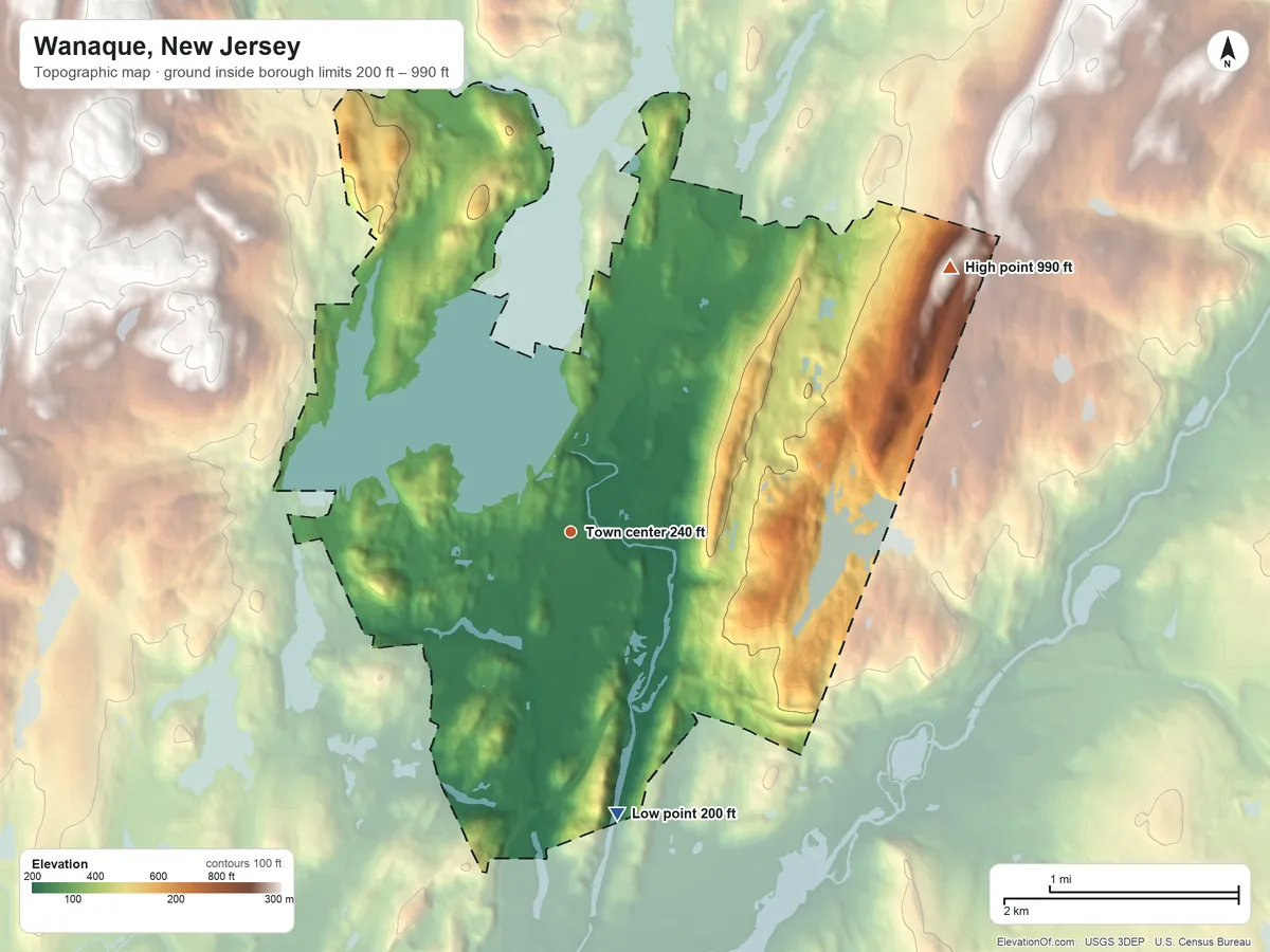 Topographic elevation map of Wanaque, New Jersey, shaded from 200 ft on the south side to 990 ft on the northeast side
