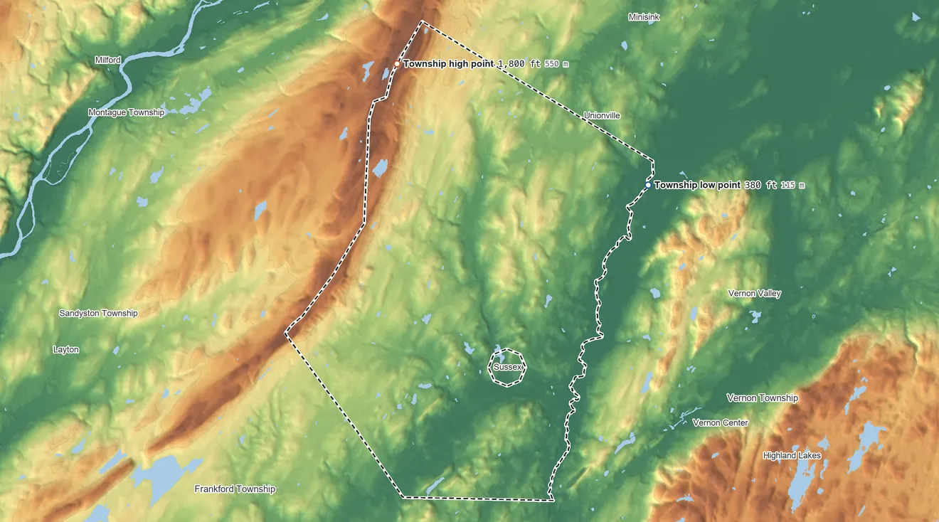 Topographic elevation map of Wantage Township, New Jersey, shaded from 380 ft on the northeast side to 1,800 ft on Kittatinny Mountain