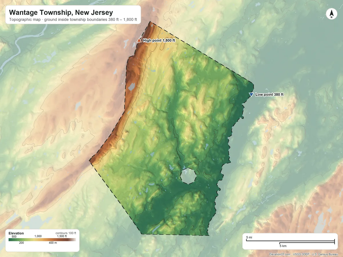 Topographic elevation map of Wantage Township, New Jersey, shaded from 380 ft on the northeast side to 1,800 ft on Kittatinny Mountain