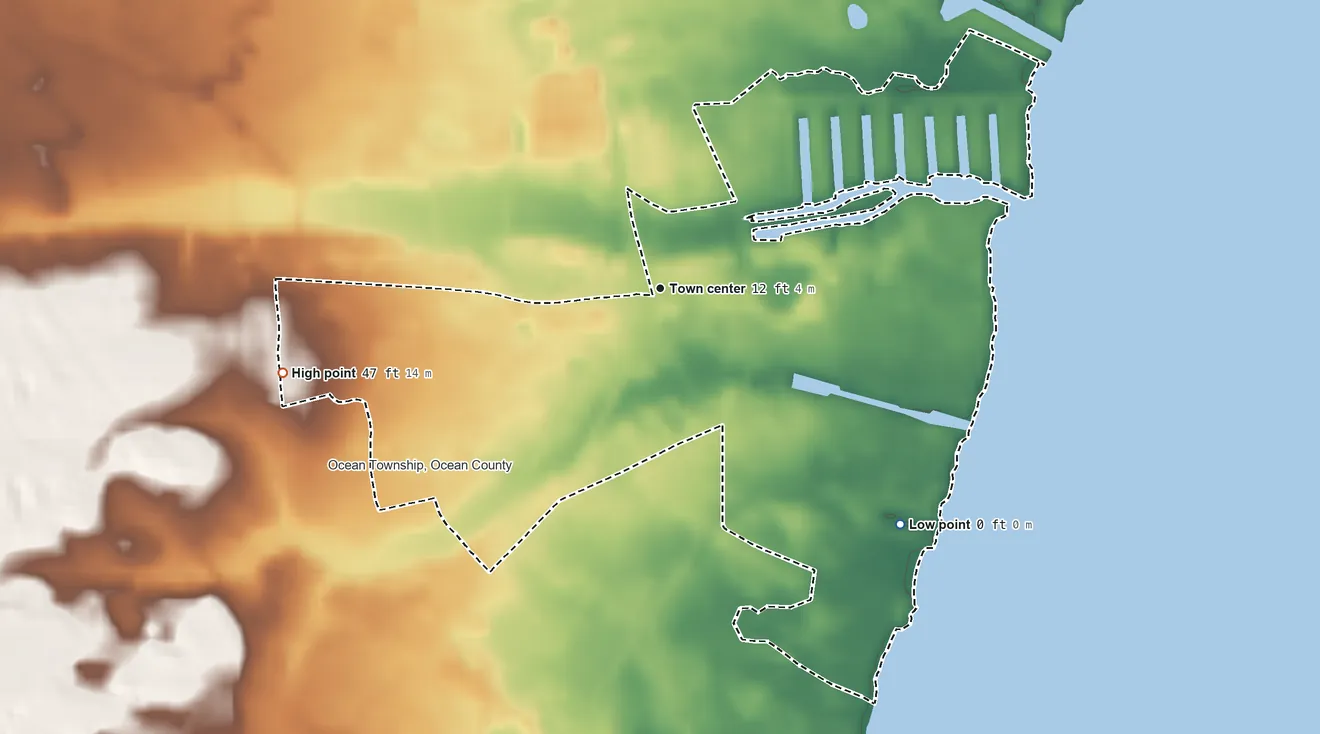 Topographic elevation map of Waretown, New Jersey, shaded from sea level level on Barnegat Bay to 47 ft on the west side