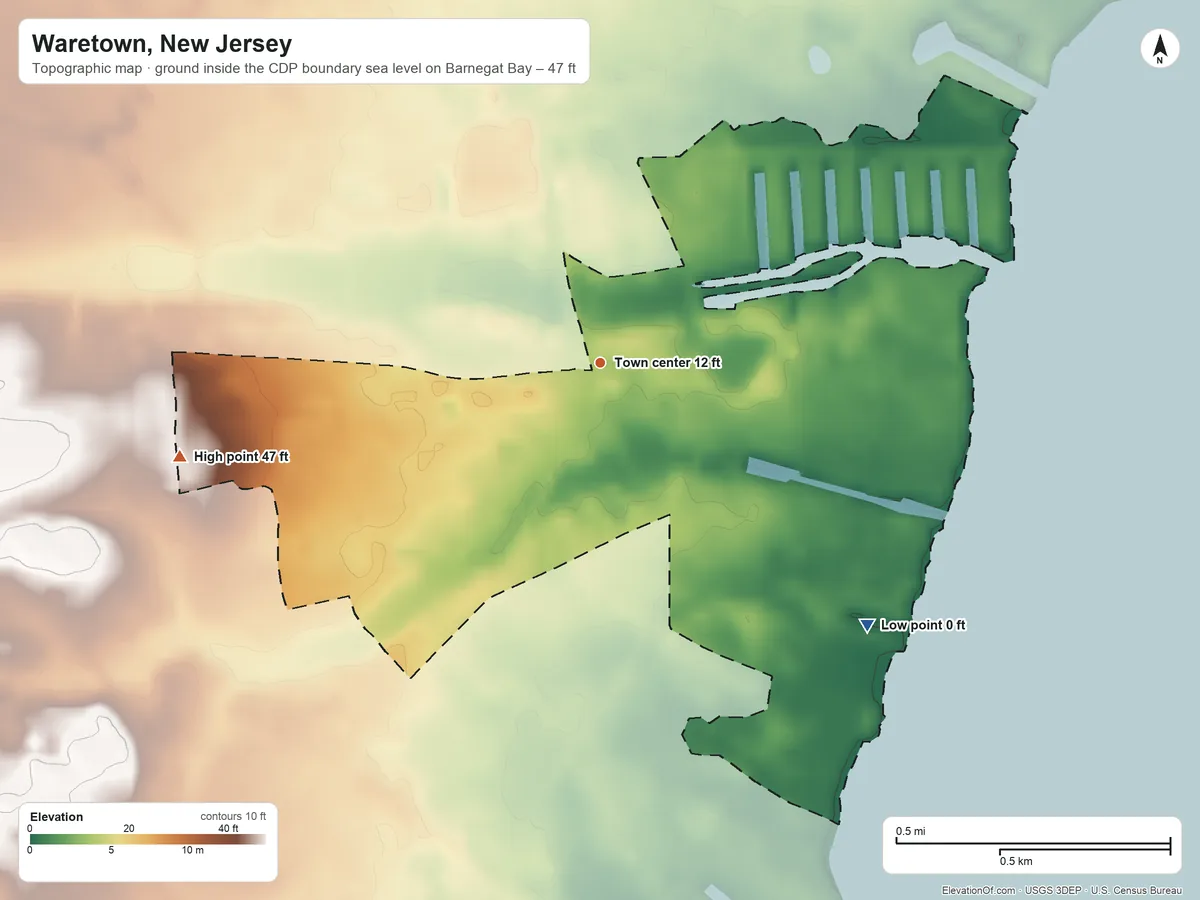 Topographic elevation map of Waretown, New Jersey, shaded from sea level level on Barnegat Bay to 47 ft on the west side