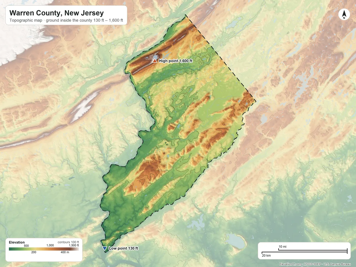 Topographic elevation map of Warren County, New Jersey, shaded from 130 ft on the southwest side to 1,600 ft on the north side