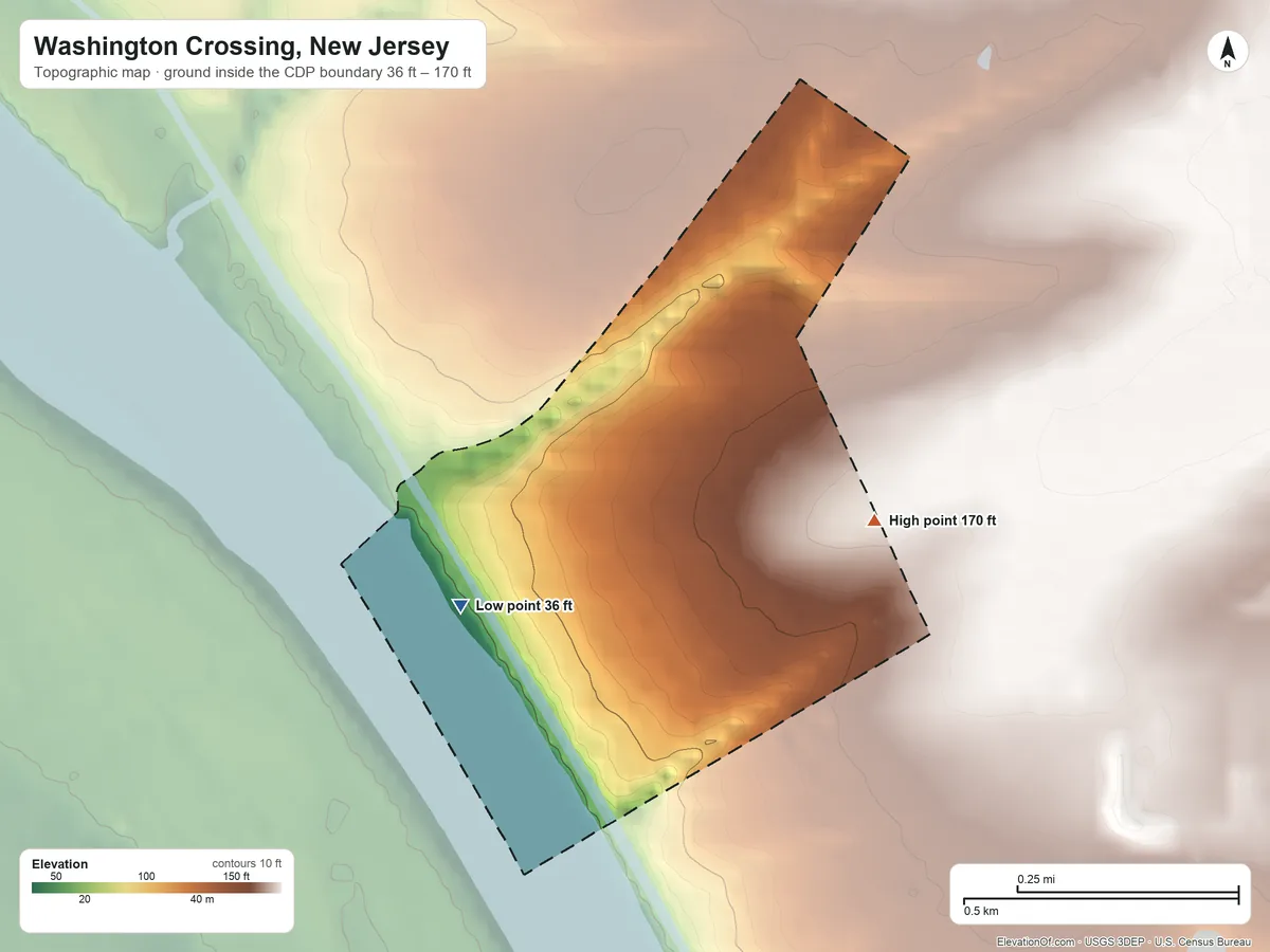 Topographic elevation map of Washington Crossing, New Jersey, shaded from 36 ft on the southwest side to 170 ft on the east side