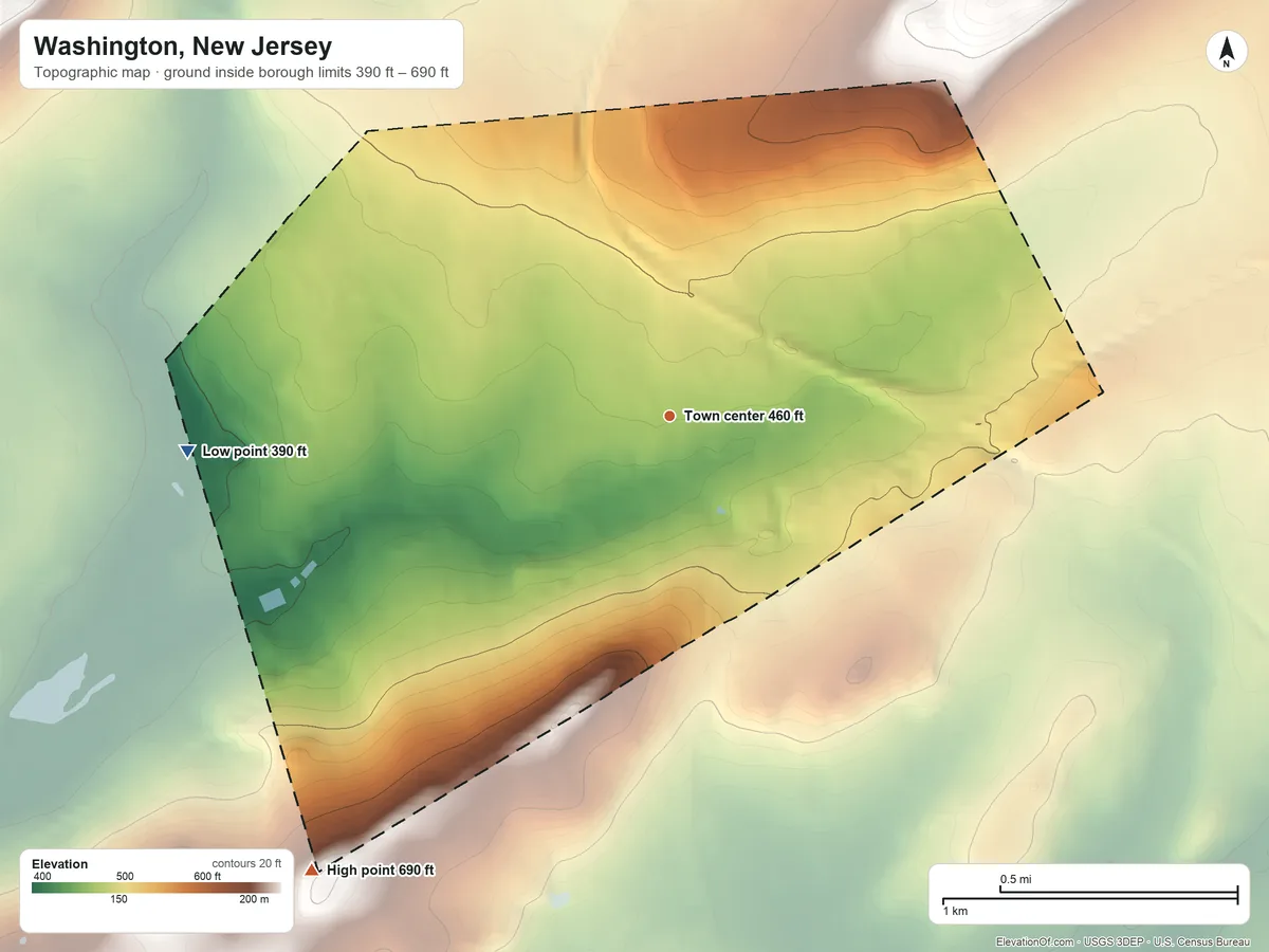 Topographic elevation map of Washington, New Jersey, shaded from 390 ft on the west side to 690 ft on the southwest side