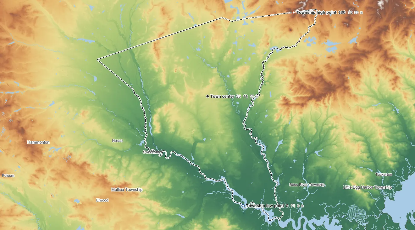 Topographic elevation map of Washington Township, Burlington County, New Jersey, shaded from 0 ft on the south side to 180 ft on the northeast side