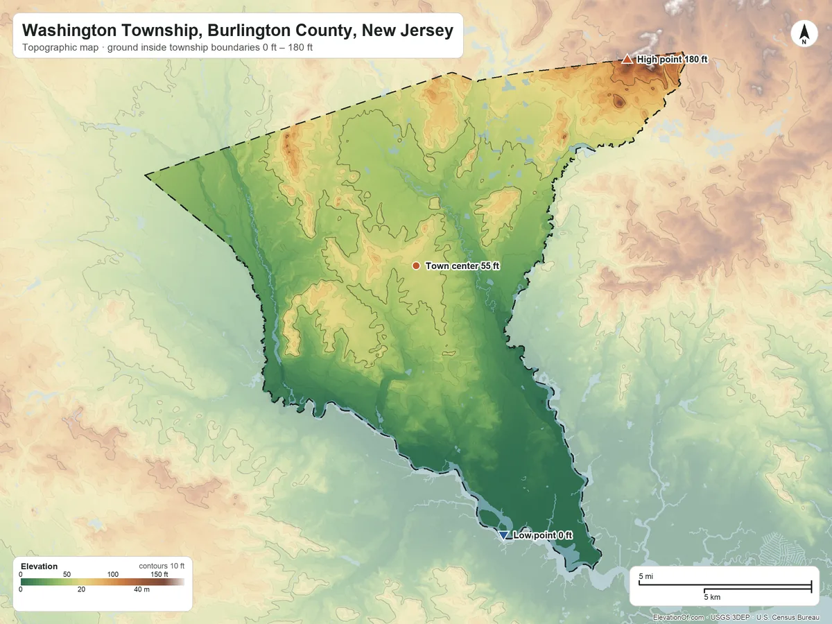 Topographic elevation map of Washington Township, Burlington County, New Jersey, shaded from 0 ft on the south side to 180 ft on the northeast side