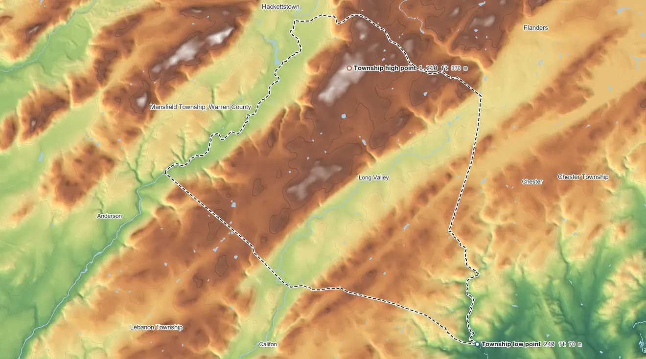 Topographic elevation map of Washington Township, Morris County, New Jersey, shaded from 240 ft on the southeast side to 1,210 ft on Schooleys Mountain