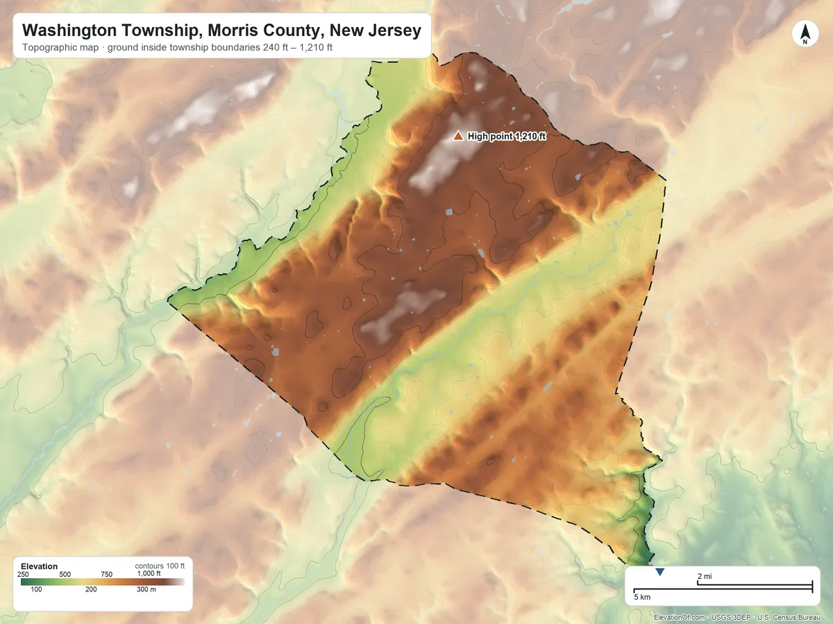 Topographic elevation map of Washington Township, Morris County, New Jersey, shaded from 240 ft on the southeast side to 1,210 ft on Schooleys Mountain