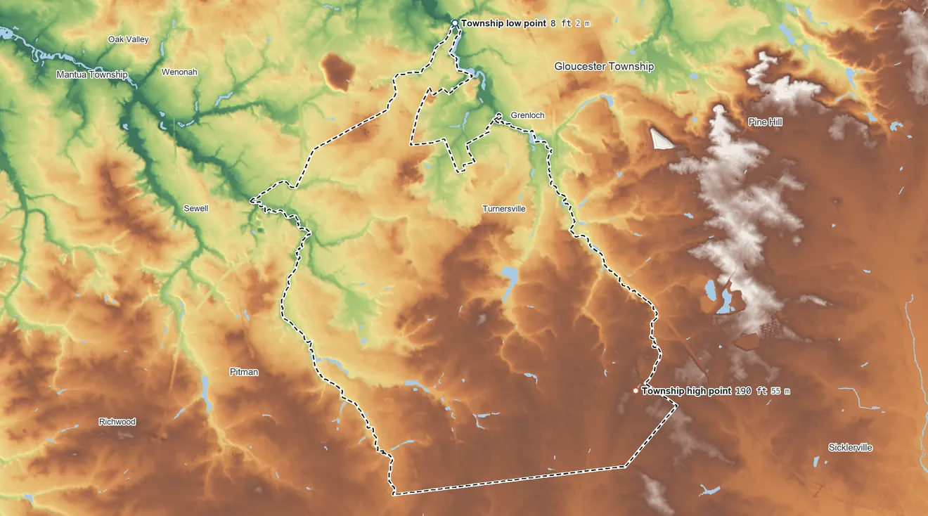Topographic elevation map of Washington Township, New Jersey, shaded from 8 ft on the north side to 190 ft on the southeast side