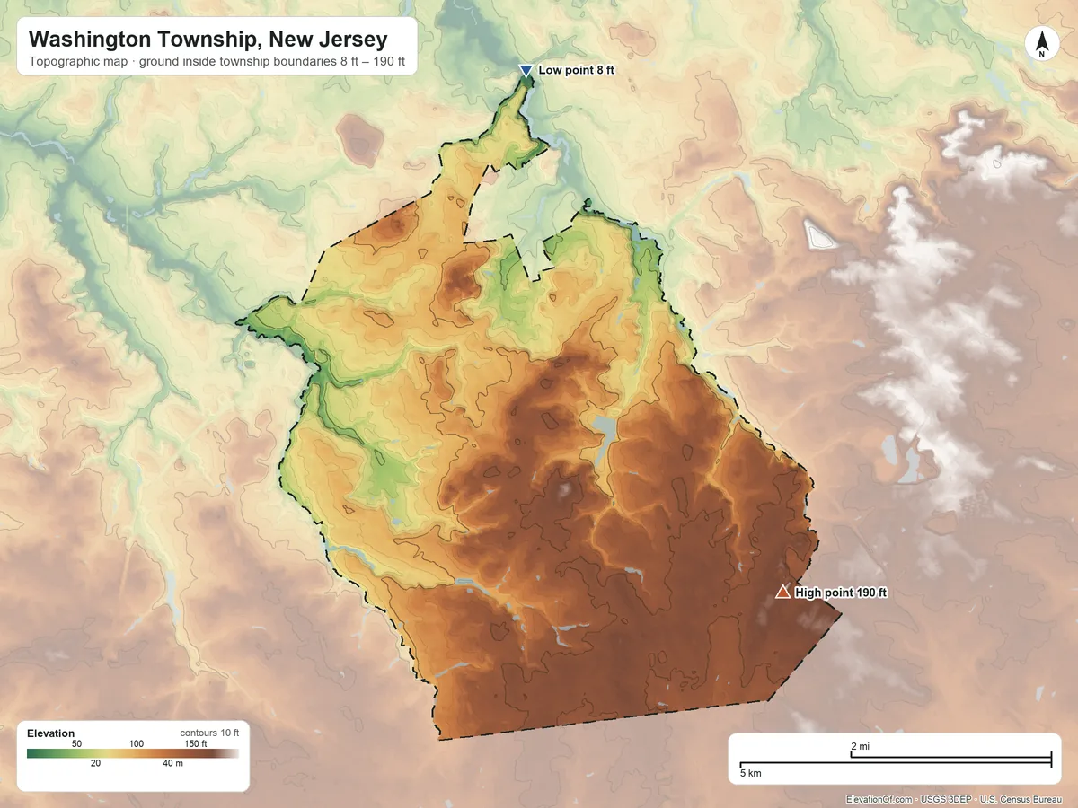 Topographic elevation map of Washington Township, New Jersey, shaded from 8 ft on the north side to 190 ft on the southeast side